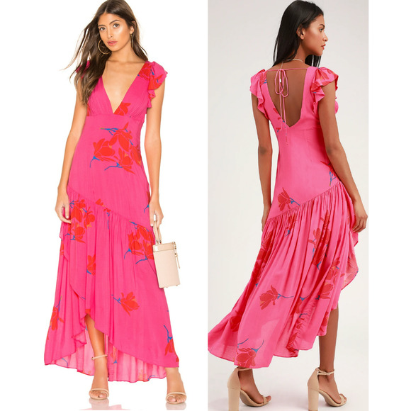 Free People Dresses & Skirts - Free People She's a Waterfall Hot Pink Floral Print Ruffled Maxi Dress